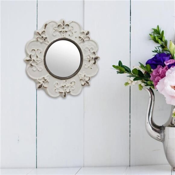 Round Off White Ceramic Accent Wall Mirror with Attached Hanging Loop - Picture 6 of 7